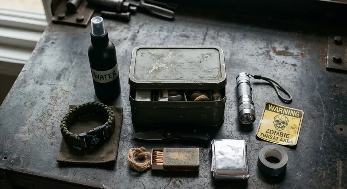 A professional top-down flat-lay of a novelty zombie survival kit including a weathered metal tin and tactical gear on a dark industrial background.