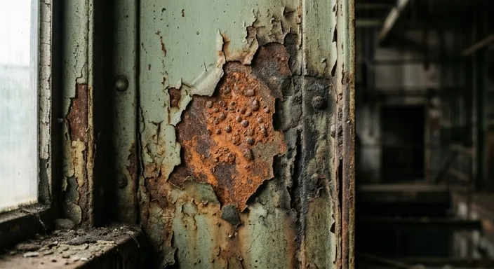 Detailed close-up of a post-apocalyptic haunt wall with layers of rust, peeling paint, and grime.