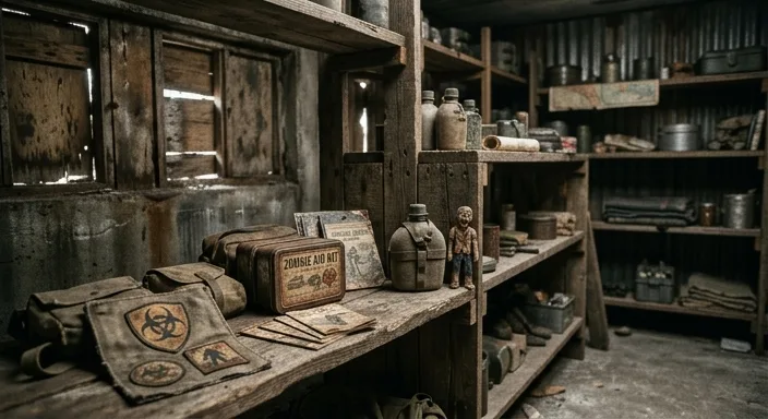 An interior view of a dimly lit zombie-themed pop-up shop styled as a post-apocalyptic bunker with survival kits and boarded-up windows.