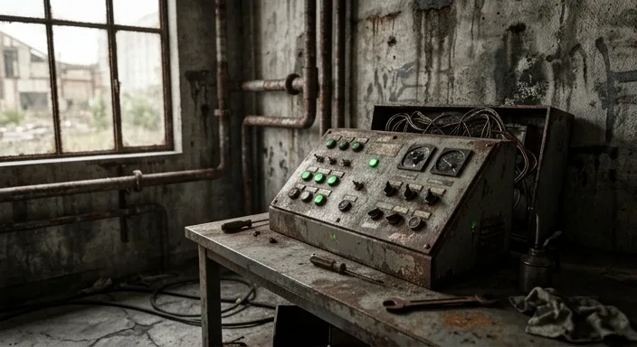 A cinematic view of a zombie-themed escape room featuring a high-tech control panel against blood-stained concrete walls with industrial lighting fixtures.
