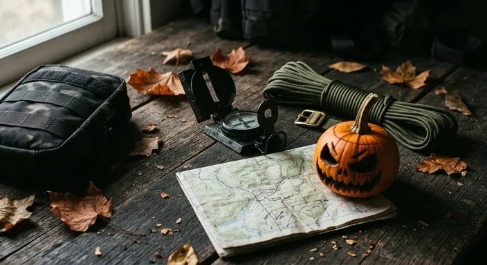 A 45-degree shot of tactical survival gear, a weathered map, and a small carved Halloween pumpkin on a rustic wooden table with autumn leaves.