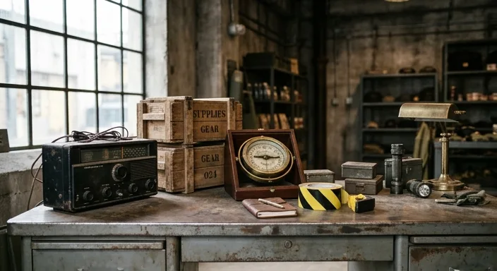 A survivalist-themed retail checkout counter designed as a command desk with crates and hazard tape.