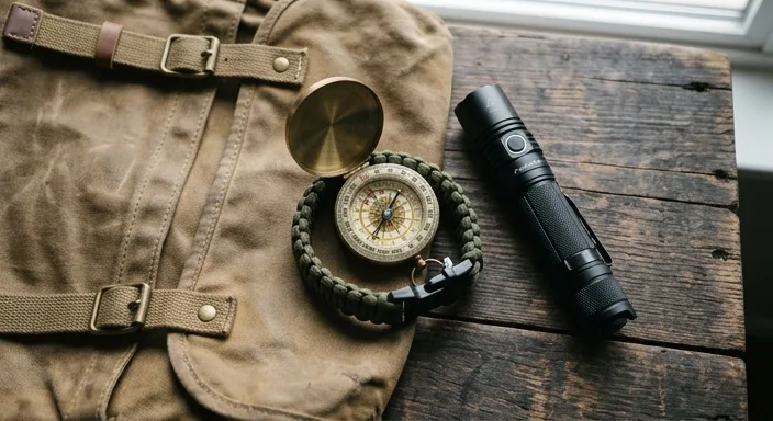 A flat-lay of a tactical compass, paracord bracelet, flashlight, and canvas bag on dark wood.