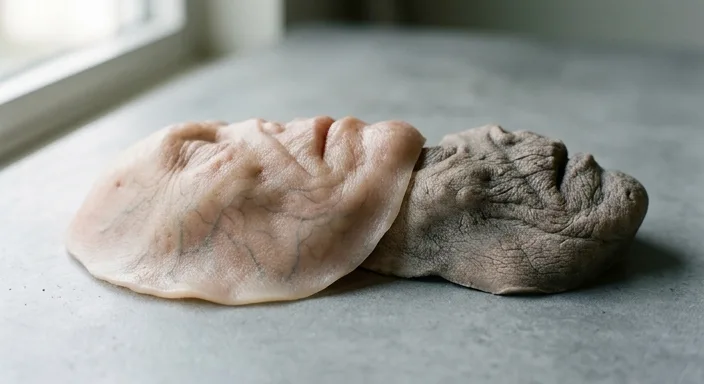 Close-up comparison of a translucent silicone zombie prosthetic showing realistic skin pores next to a matte foam latex piece.