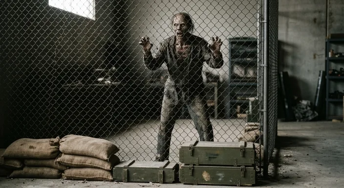 A professional retail display featuring a realistic zombie animatronic behind a chain-link fence with sandbags and ammunition crates.